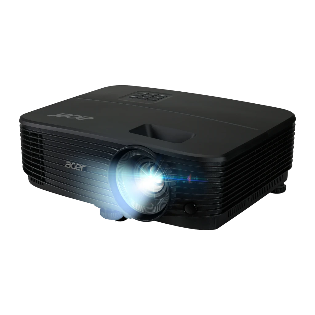 Acer Projetor X1229HP Preto, vista frontal em ângulo: lente iluminada, grades de ventilação e logo Acer - Item2