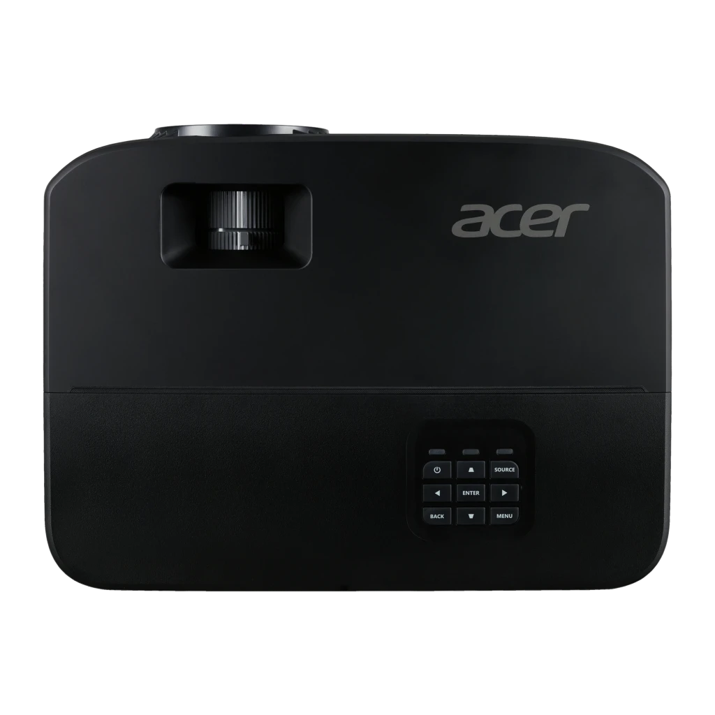 Acer Projetor X1229HP Preto, vista frontal em ângulo: lente iluminada, grades de ventilação e logo Acer - Item5