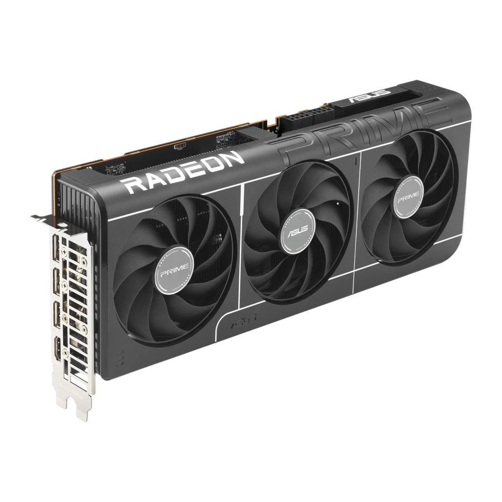 ASUS Prime Radeon RX 9070 OC 16GB negro, producto y caja: tarjeta con triple ventilador junto a packaging AMD - Ítem1