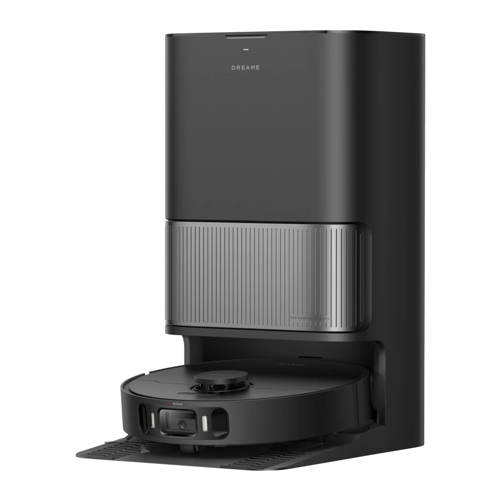 Dreame Aspirador robot L40 Ultra preto, vista frontal em ângulo: robô na base com faixa prateada texturizada e sensor - Item1