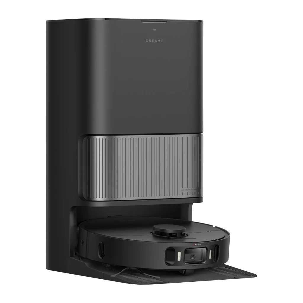 Dreame Aspirador robot L40 Ultra preto, vista frontal em ângulo: robô na base com faixa prateada texturizada e sensor - Item2