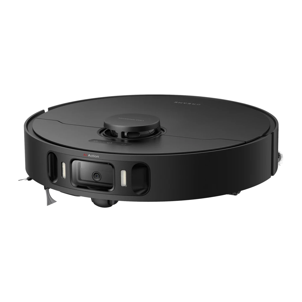 Dreame Aspirador robot L40 Ultra preto, vista frontal em ângulo: robô na base com faixa prateada texturizada e sensor - Item4
