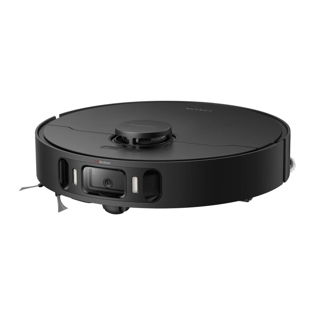 Dreame Aspirador robot L40 Ultra preto, vista frontal em ângulo: robô na base com faixa prateada texturizada e sensor - Item5