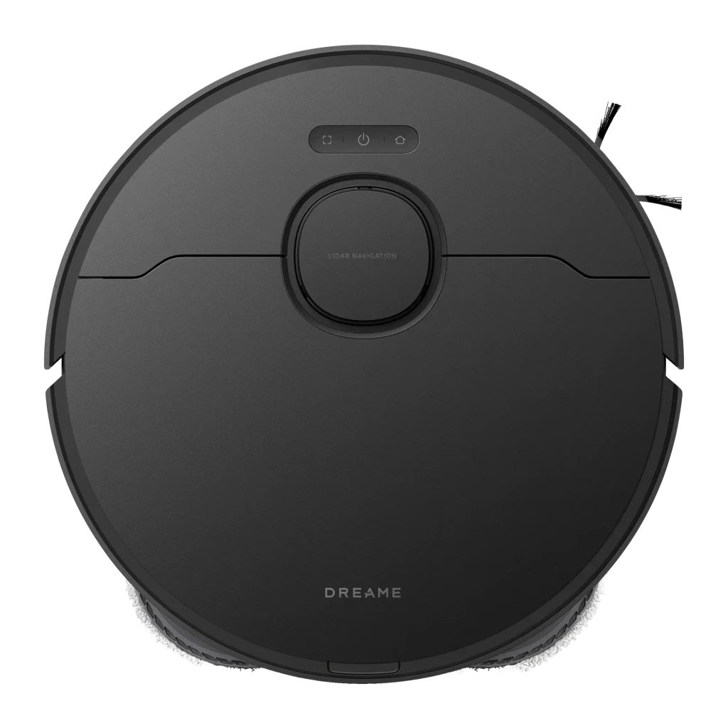 Dreame Aspirador robot L40 Ultra preto, vista frontal em ângulo: robô na base com faixa prateada texturizada e sensor - Item6