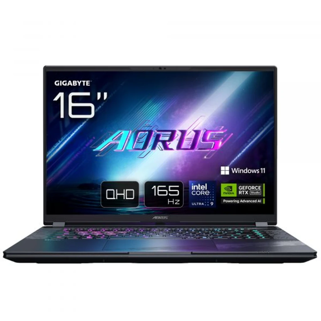 GIGABYTE AORUS Elite 16 1TB cinzento, vista frontal: ecrã WQXGA com logótipo AORUS e teclado RGB iluminado - Item3