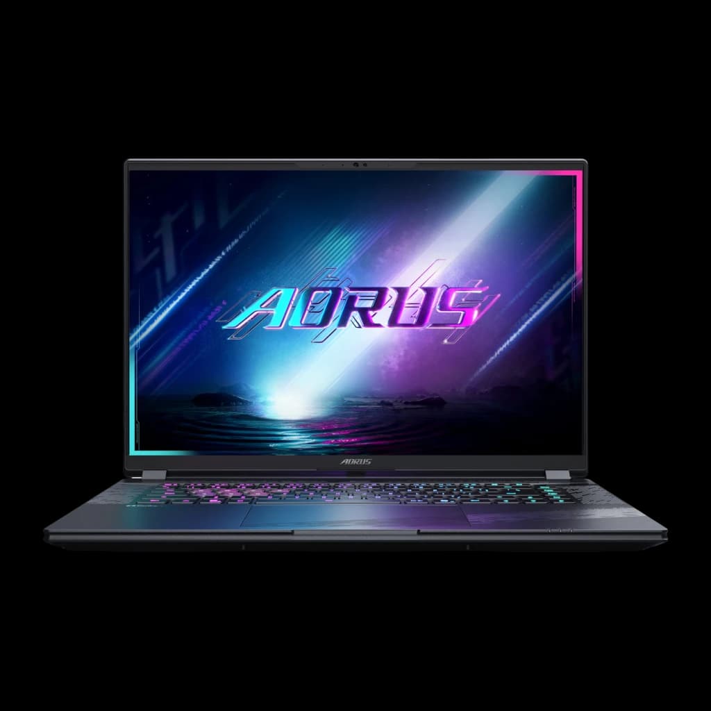 GIGABYTE AORUS Elite 16 1TB gris, vue de face: écran WQXGA avec logo AORUS et clavier rétroéclairé RGB