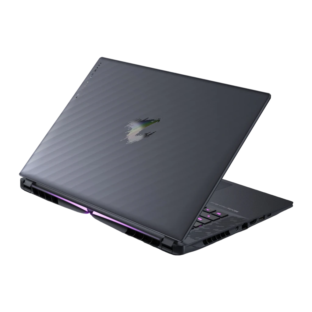 GIGABYTE AORUS Elite 16 1TB cinzento, vista frontal: ecrã WQXGA com logótipo AORUS e teclado RGB iluminado - Item1