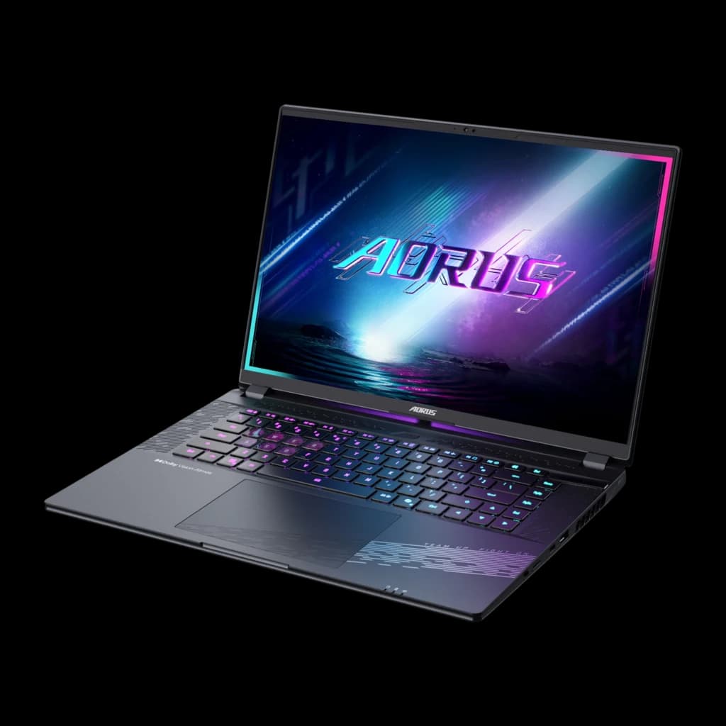 GIGABYTE AORUS Elite 16 1TB gris, vue latérale en angle: clavier RGB, écran AORUS et ports latéraux visibles