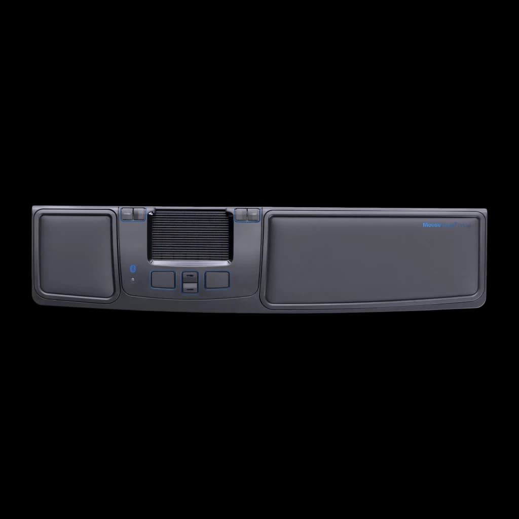 Mousetrapper Prime Bluetooth USB negro, vista superior: trackpad central, almohadillas de muñeca y botones azules