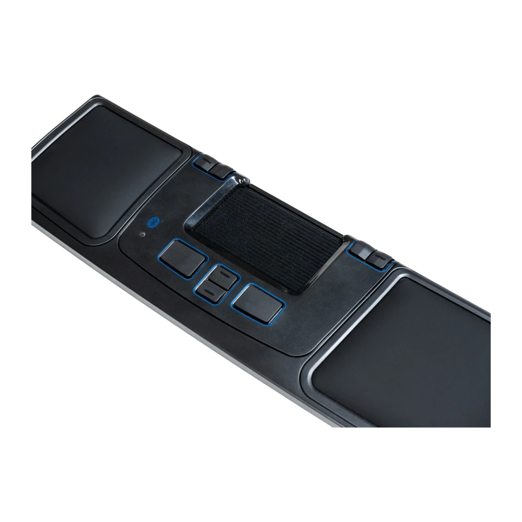Mousetrapper Prime Bluetooth USB negro, vista superior: trackpad central, almohadillas de muñeca y botones azules - Ítem2