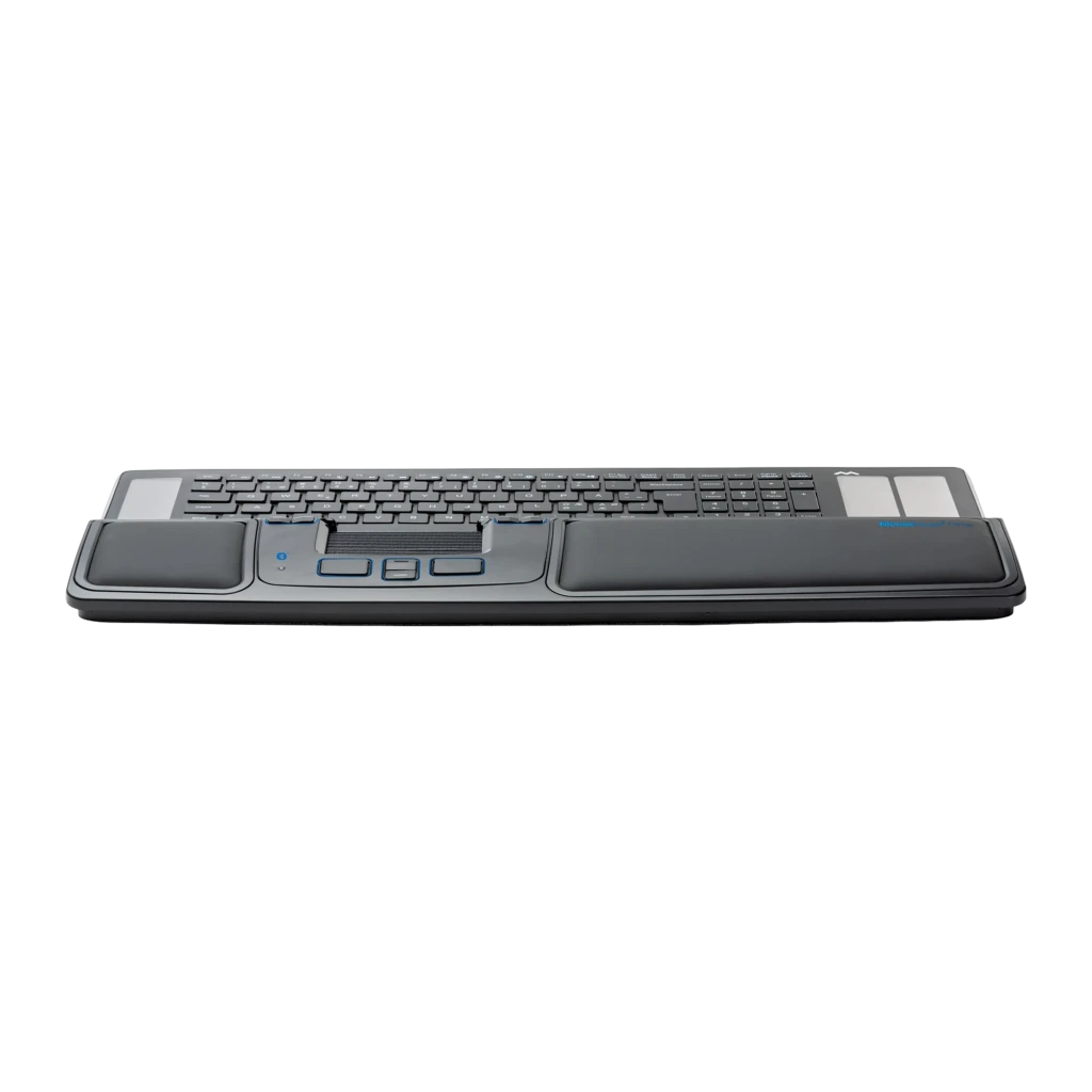 Mousetrapper Prime Bluetooth USB negro, vista superior: trackpad central, almohadillas de muñeca y botones azules - Ítem1