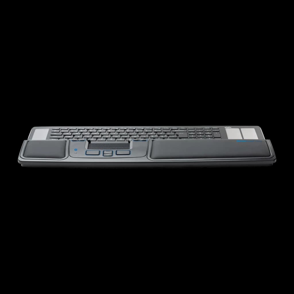 Mousetrapper Prime Bluetooth USB negro, vista lateral: teclado integrado, almohadillas de muñeca y trackpad central