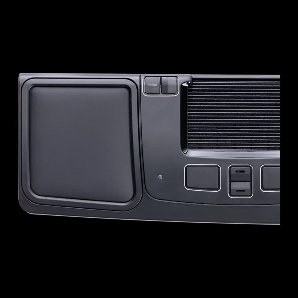 Mousetrapper Prime Bluetooth USB negro, vista superior en ángulo: trackpad central, scroll estriado y botones laterales