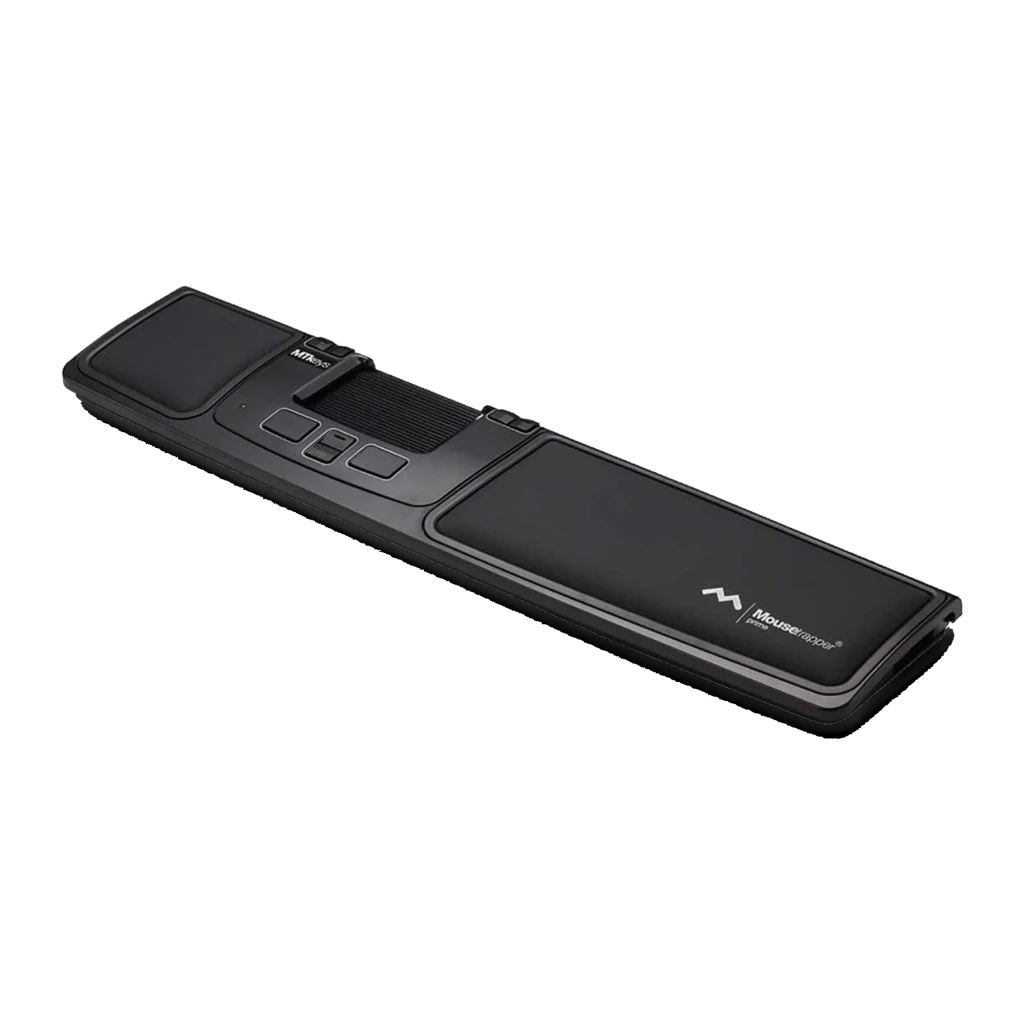 Mousetrapper Prime Bluetooth USB negro, vista superior: trackpad central, almohadillas de muñeca y botones azules - Ítem5