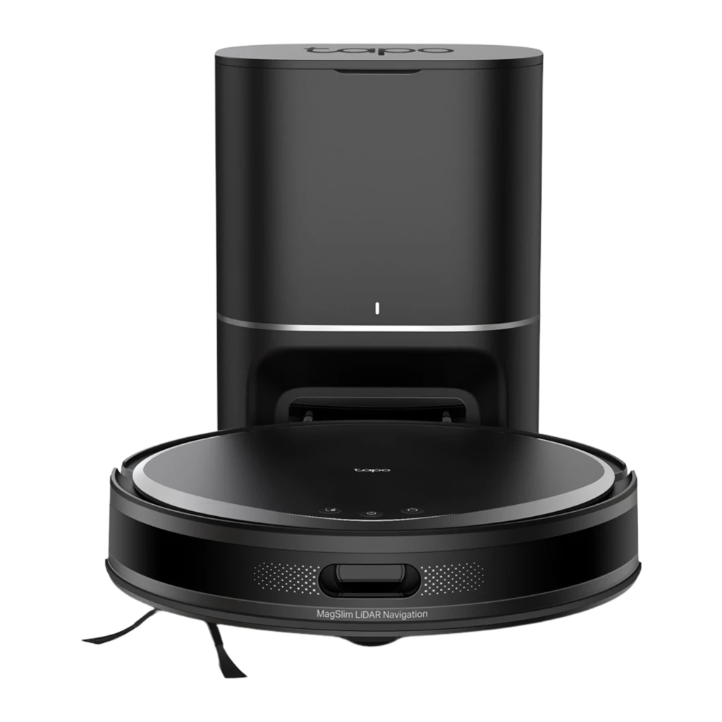 TP-Link Tapo RV20 Max Plus MagSlim preto, kit em ângulo lateral: robô aspirador à frente e base de esvaziamento automático - Item1