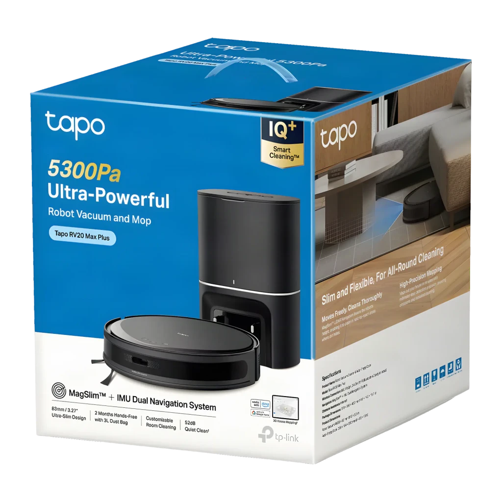 TP-Link Tapo RV20 Max Plus MagSlim preto, kit em ângulo lateral: robô aspirador à frente e base de esvaziamento automático - Item9