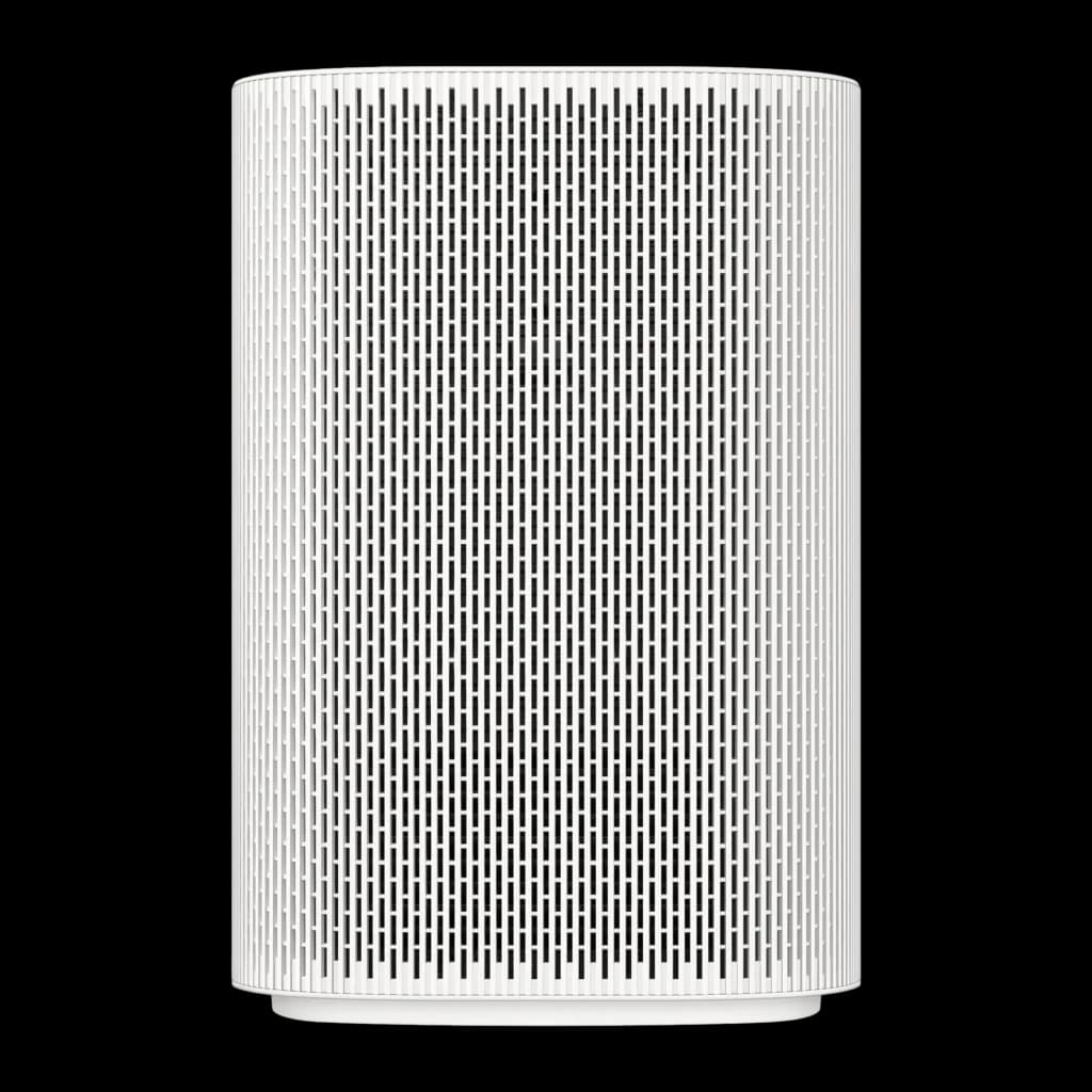 Samsung The Premiere 5 SP-LPF5DSAX 1080p Blanc, vue avant: grille perforée blanche sur corps cylindrique fond noir