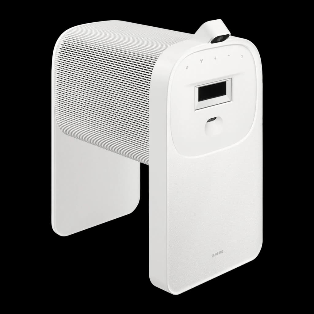 Samsung The Premiere 5 SP-LPF5DSAX 1080p branco, vista lateral-frontal: grelha do altifalante, lente UST superior e painel