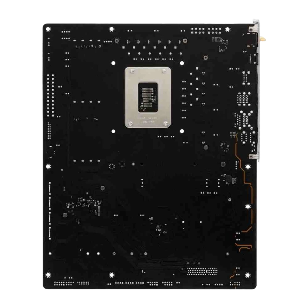 ASRock B860 Rock WiFi 7, vista com caixa: placa-mãe prateada e preta, antenas WiFi e caixa do produto - Item2