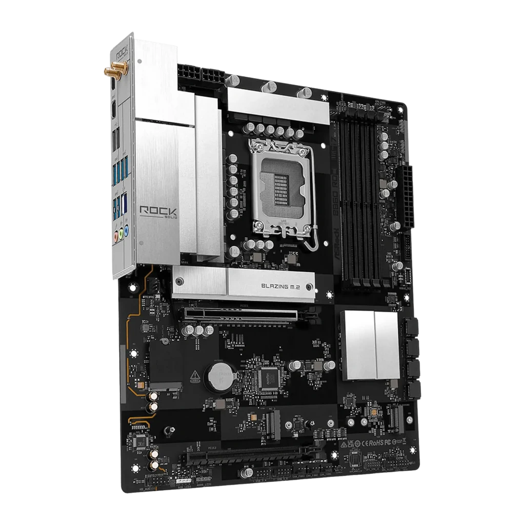 ASRock B860 Rock WiFi 7, vista com caixa: placa-mãe prateada e preta, antenas WiFi e caixa do produto - Item3