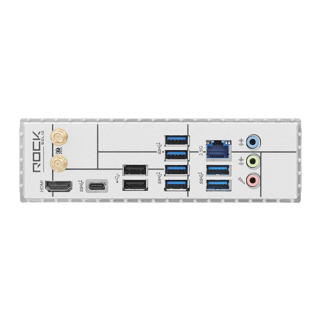 ASRock B860 Rock WiFi 7, vista com caixa: placa-mãe prateada e preta, antenas WiFi e caixa do produto - Item4