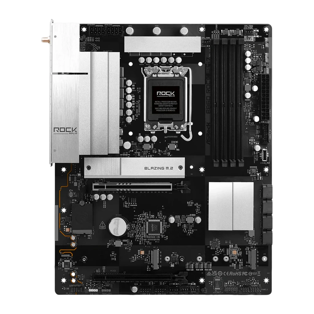 ASRock B860 Rock WiFi 7, vista com caixa: placa-mãe prateada e preta, antenas WiFi e caixa do produto - Item1