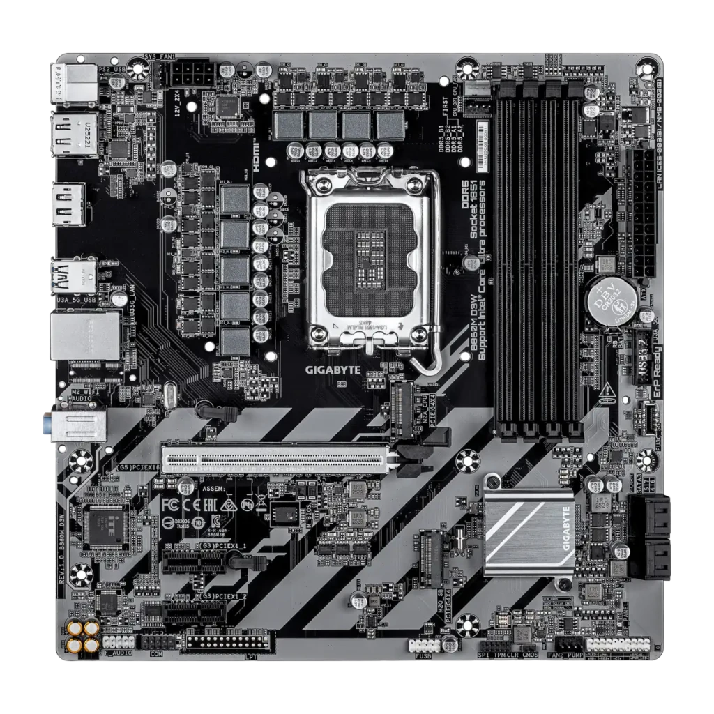 Gigabyte B860M D3W mATX DDR5, vista frontal com caixa: placa-mãe Socket 1851 ao lado da embalagem laranja - Item2