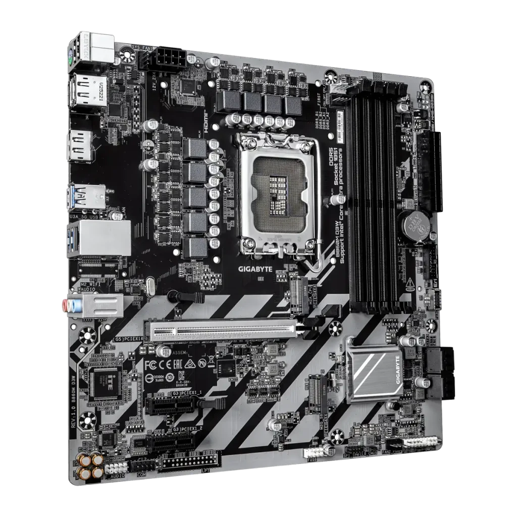 Gigabyte B860M D3W mATX DDR5, vista frontal com caixa: placa-mãe Socket 1851 ao lado da embalagem laranja - Item1