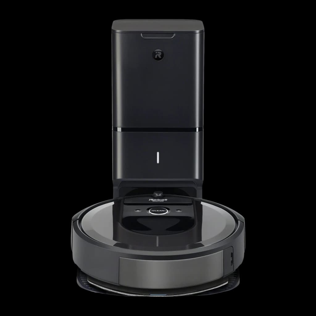iRobot Roomba Combo i8+ preto, vista frontal: robô sobre base de esvaziamento automático com botão Clean visível