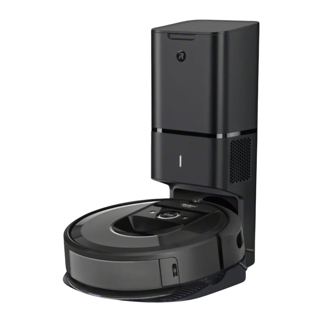 iRobot Roomba Combo i8+ preto, vista frontal: robô sobre base de esvaziamento automático com botão Clean visível - Item1