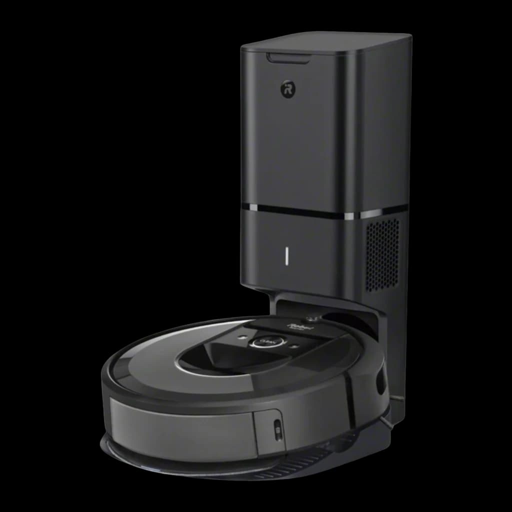 iRobot Roomba Combo i8+ preto, vista em ângulo: lateral da base com grelha de ventilação e parte traseira do robô