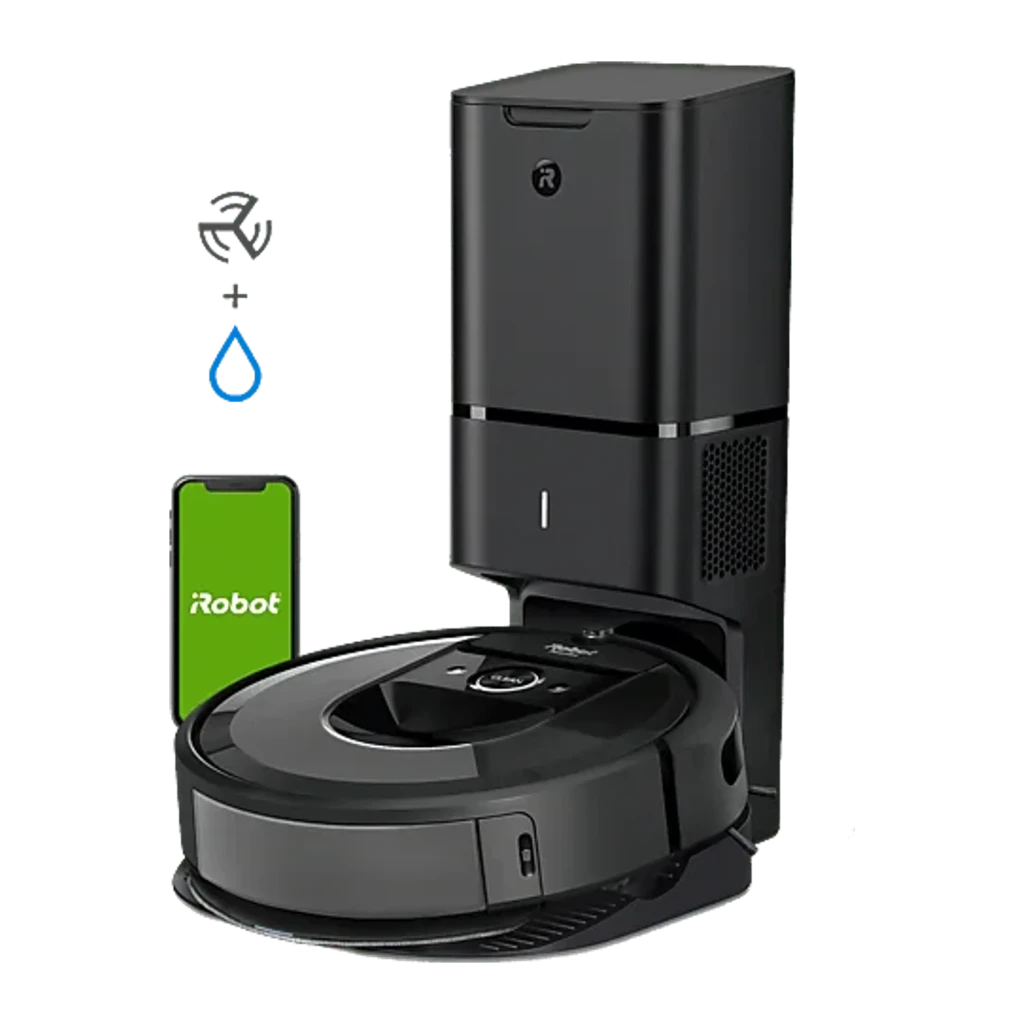 iRobot Roomba Combo i8+ preto, vista frontal: robô sobre base de esvaziamento automático com botão Clean visível - Item2