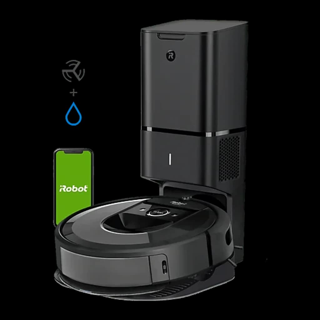 iRobot Roomba Combo i8+ preto, vista lateral: robô com base de esvaziamento automático e app iRobot no smartphone