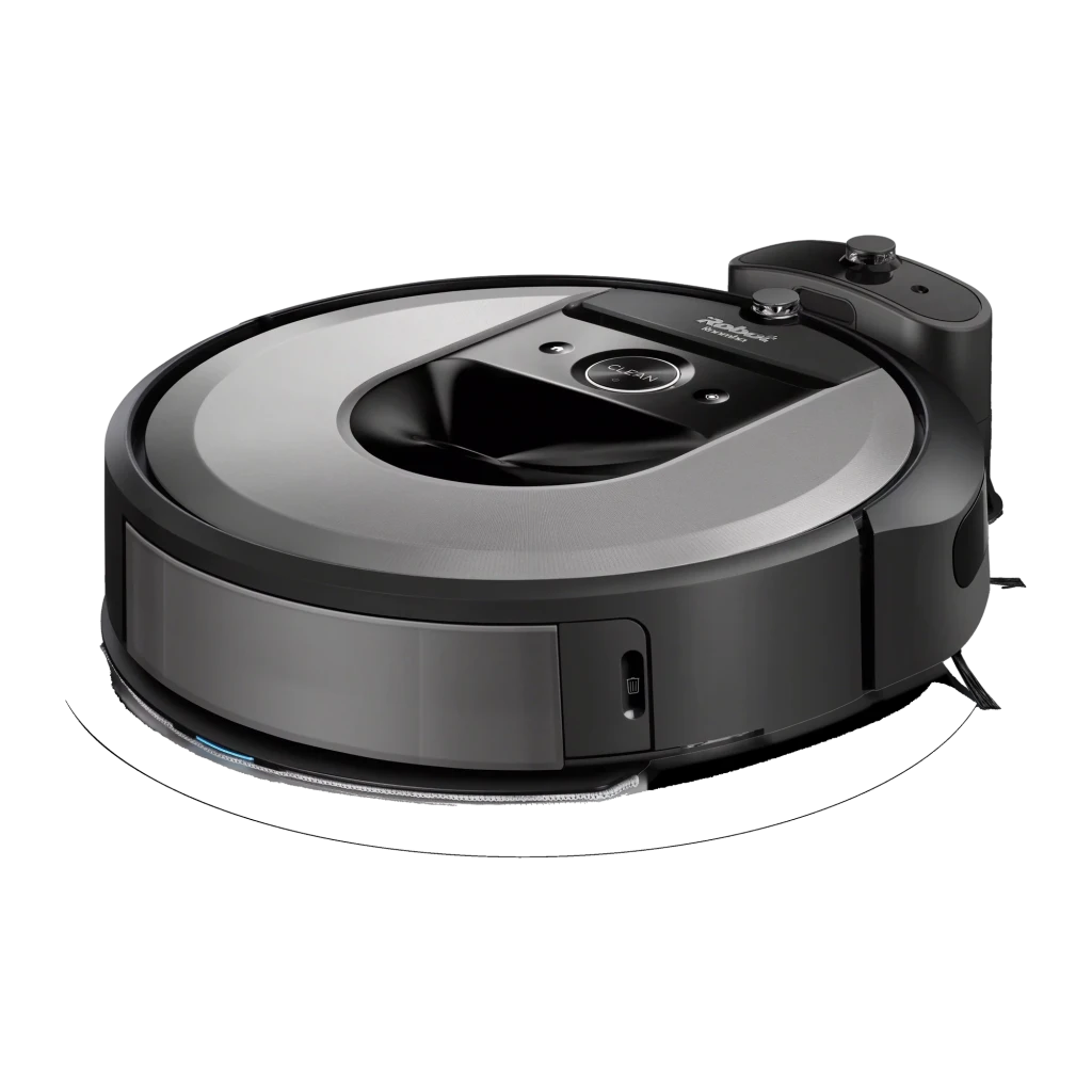 iRobot Roomba Combo i8+ preto, vista frontal: robô sobre base de esvaziamento automático com botão Clean visível - Item3