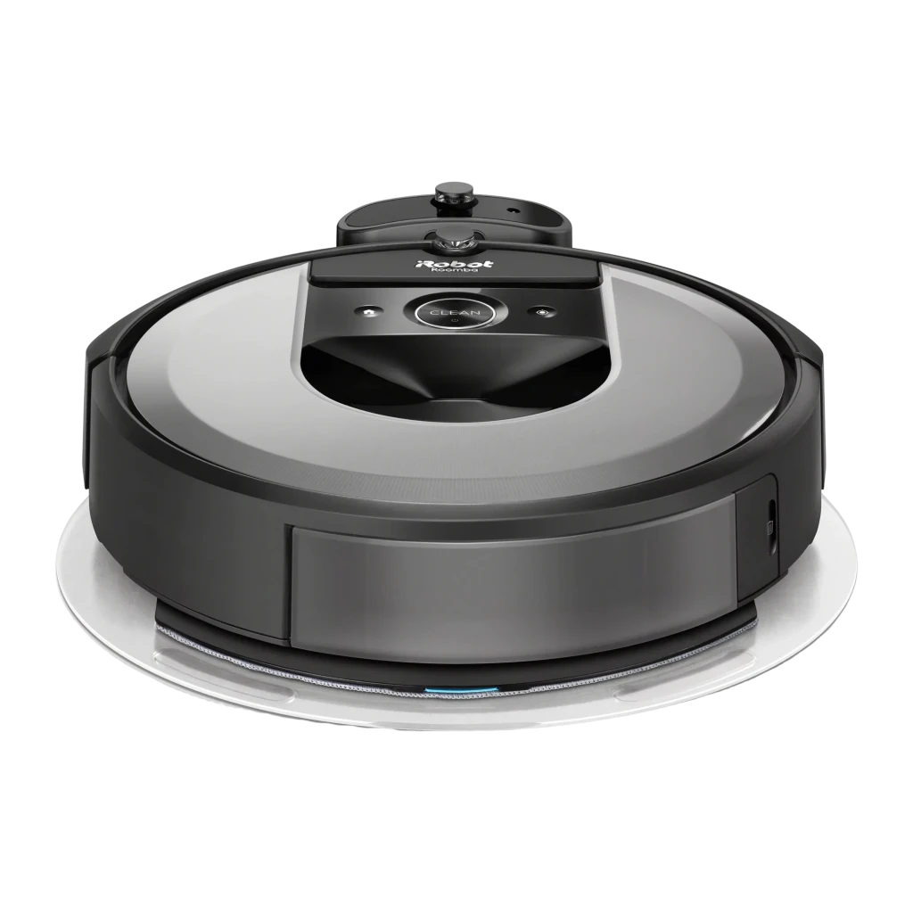 iRobot Roomba Combo i8+ preto, vista frontal: robô sobre base de esvaziamento automático com botão Clean visível - Item4