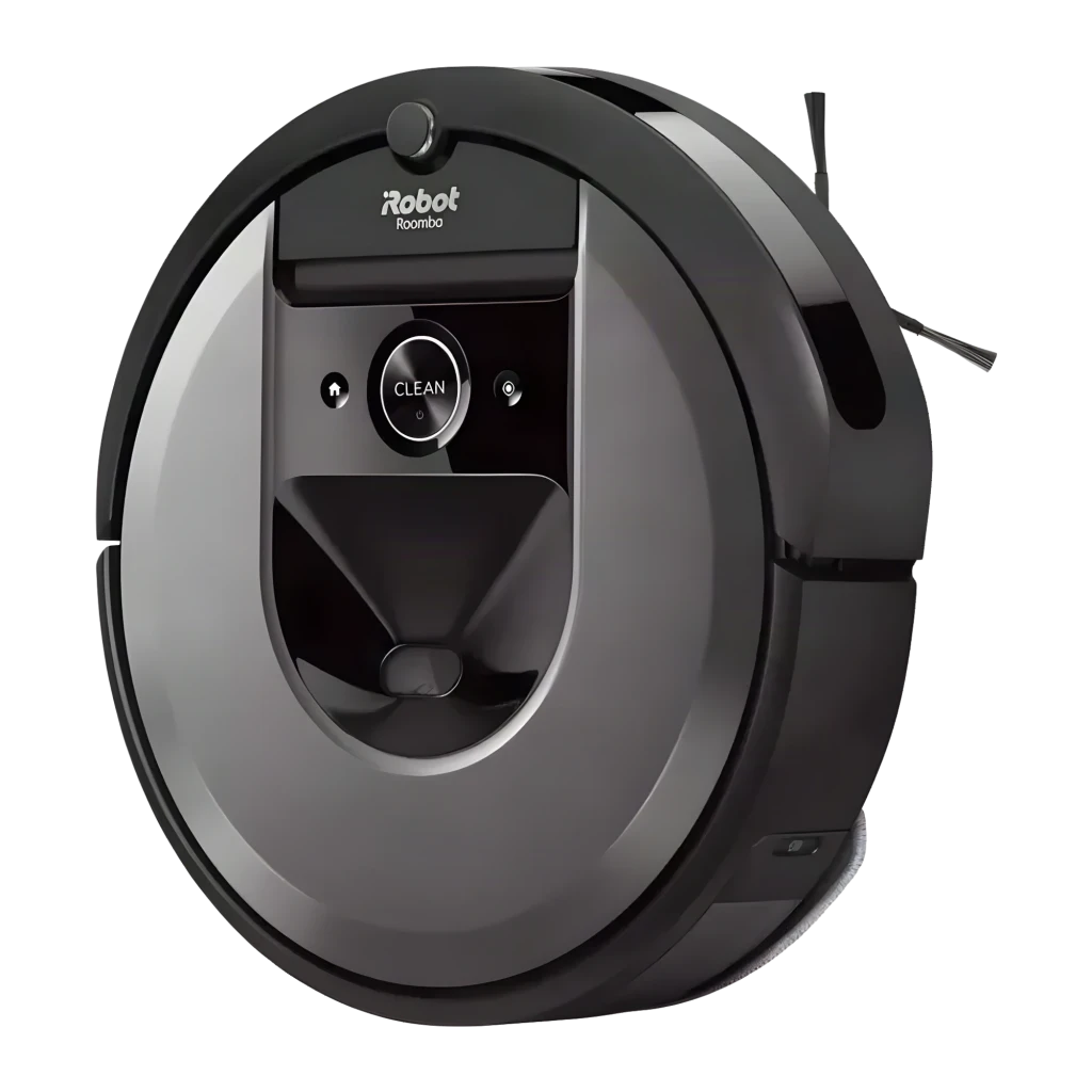 iRobot Roomba Combo i8+ preto, vista frontal: robô sobre base de esvaziamento automático com botão Clean visível - Item6