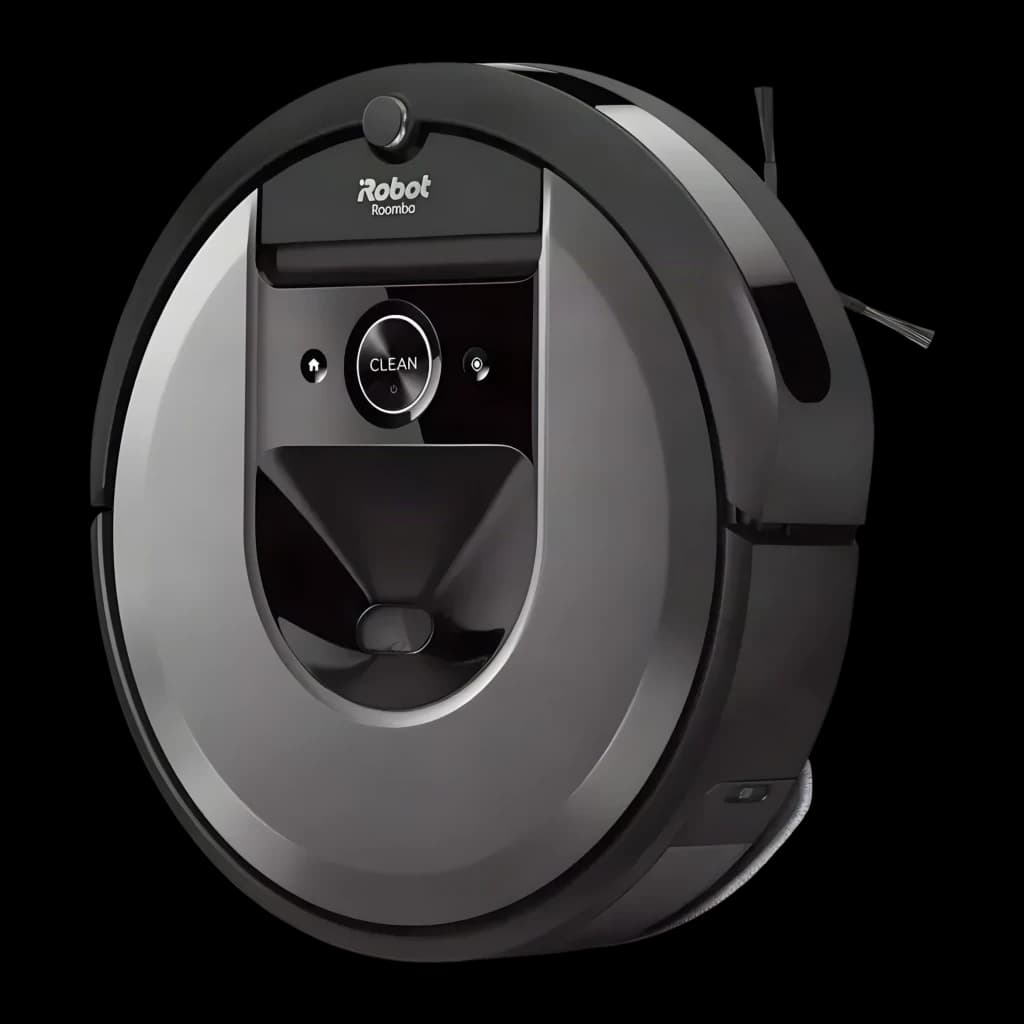 iRobot Roomba Combo i8+ Preto, vista superior em ângulo: botão CLEAN, logo, escova lateral e módulo de limpeza visíveis