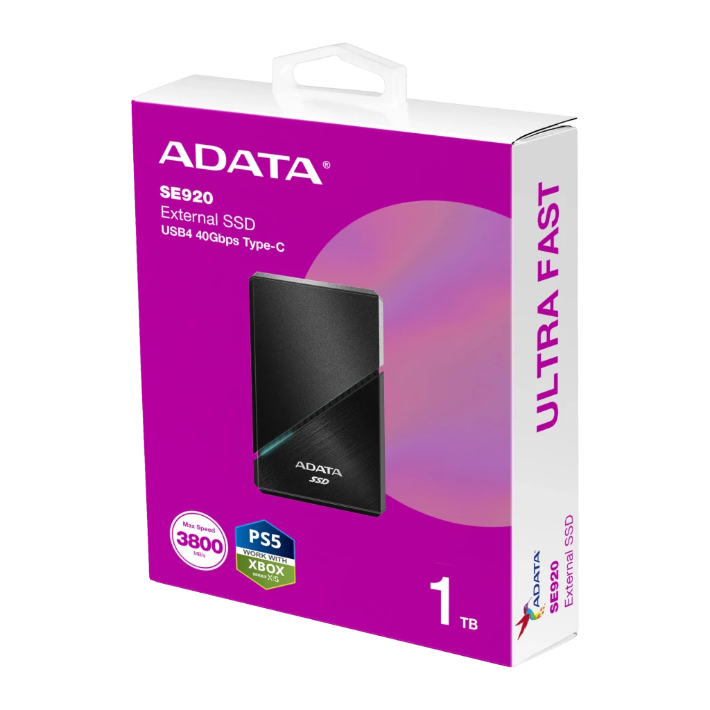 ADATA SE920 1TB preto, vista diagonal: carcaça bicolor com acabamento escovado, grades e LED azul lateral - Item6