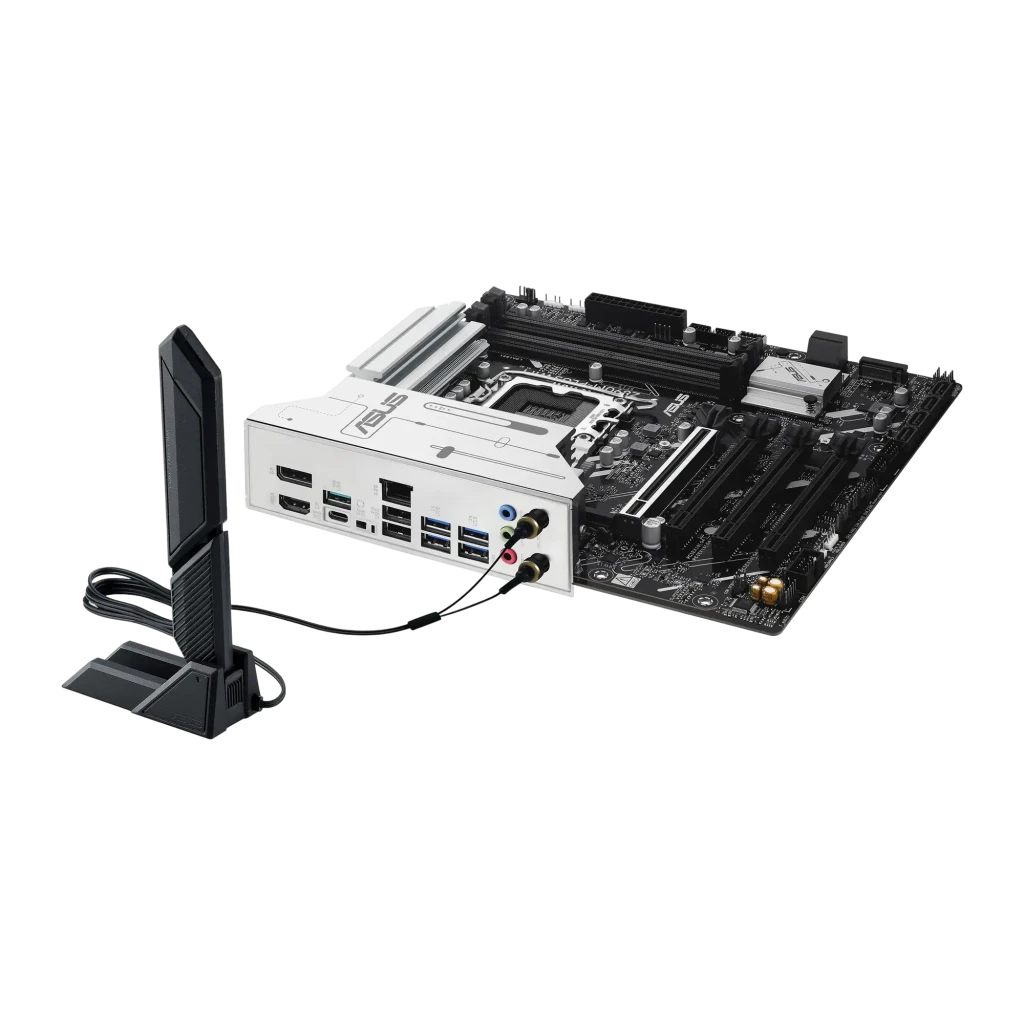 ASUS PRIME Z890M-PLUS WIFI alumínio preto, vista frontal: PCB preto com dissipadores prateados, socket LGA1851 e slots PCIe - Item3
