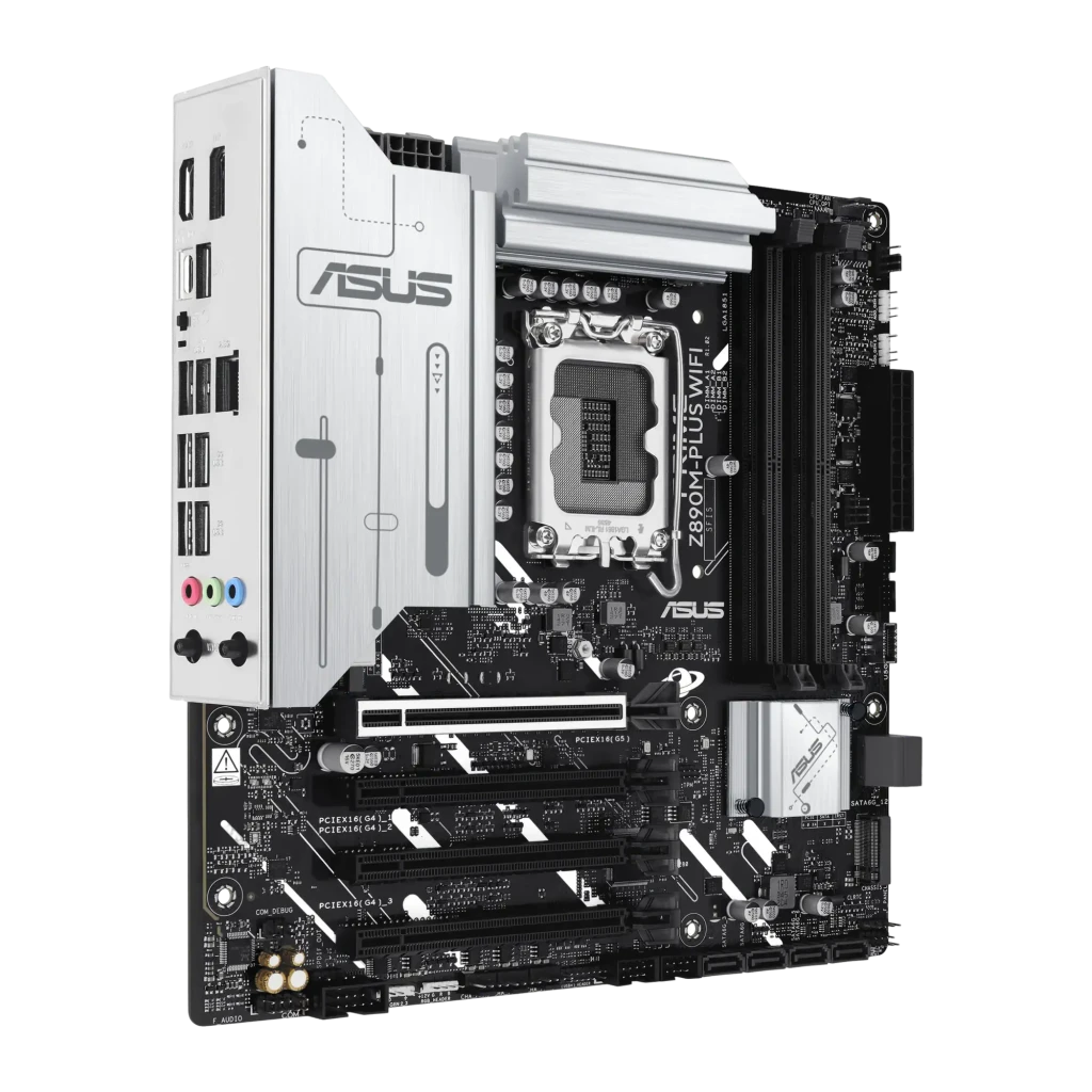 ASUS PRIME Z890M-PLUS WIFI alumínio preto, vista frontal: PCB preto com dissipadores prateados, socket LGA1851 e slots PCIe - Item1