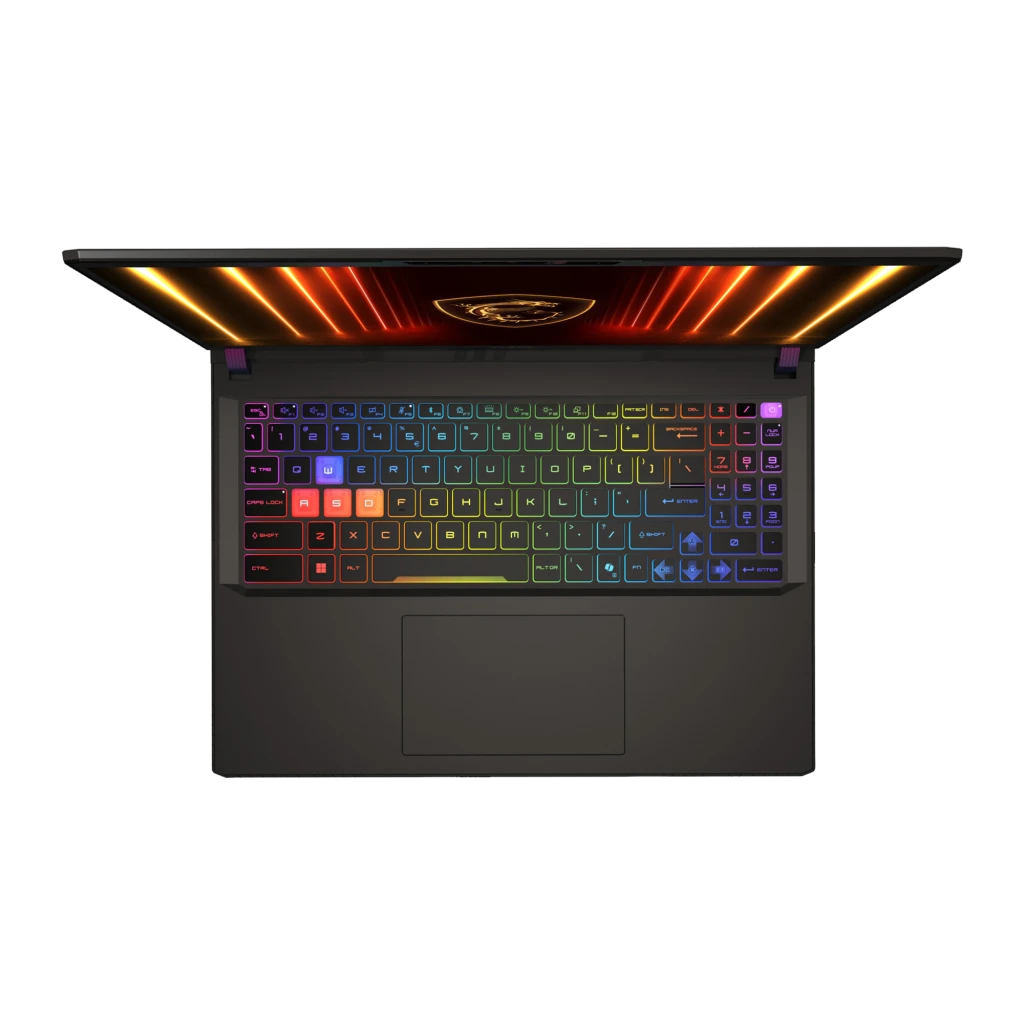 MSI Vector 16 HX AI 512GB gris, vue de face: écran avec logo dragon MSI et clavier rétroéclairé RGB multicolore - Ítem7