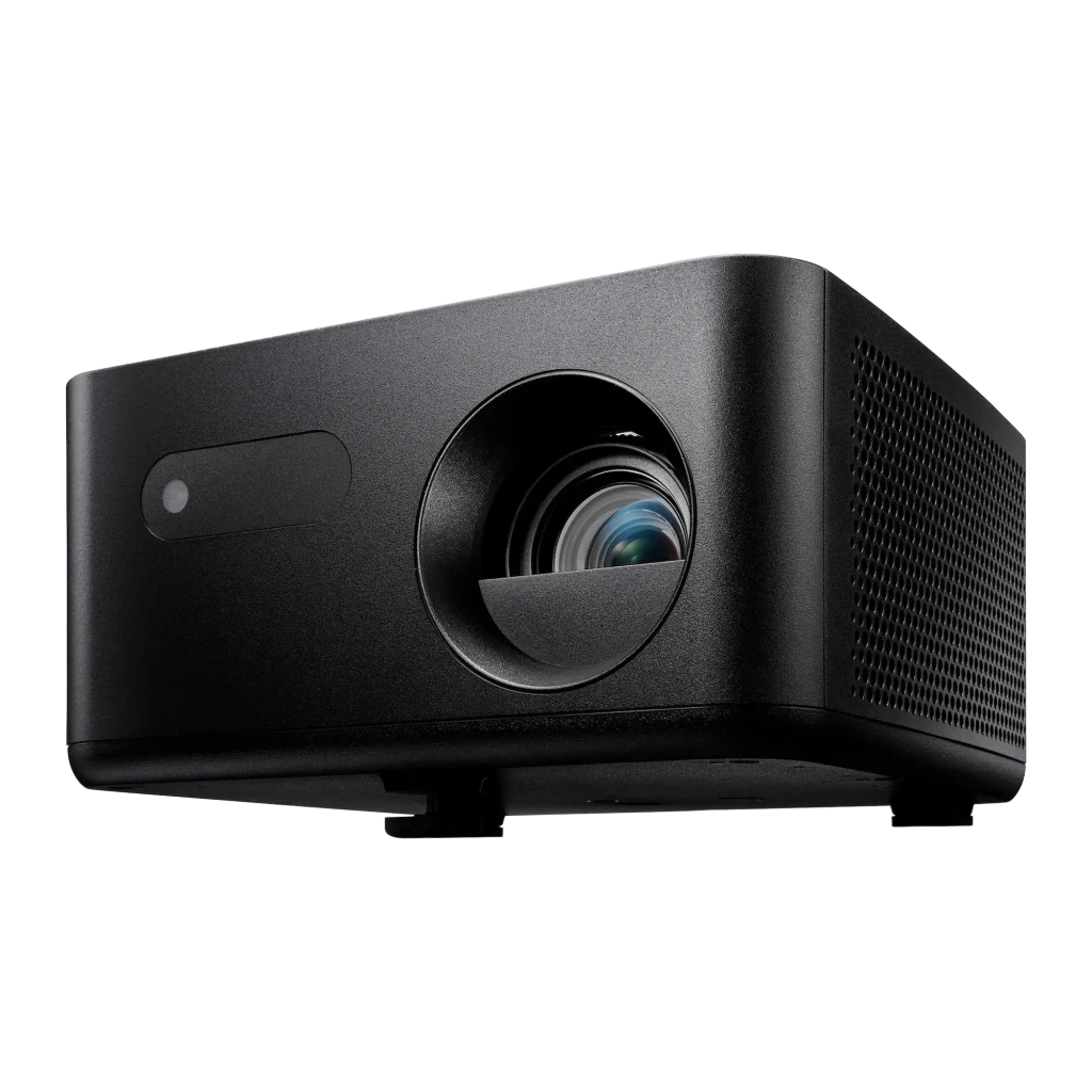 Optoma Photon Life PK31 4K RGB-LED noir, vue avant-latérale haute: objectif, grille de ventilation et logo Optoma - Ítem1
