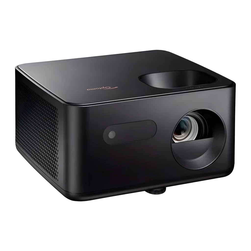 Optoma Photon Life PK31 4K RGB-LED noir, vue avant-latérale haute: objectif, grille de ventilation et logo Optoma - Ítem5