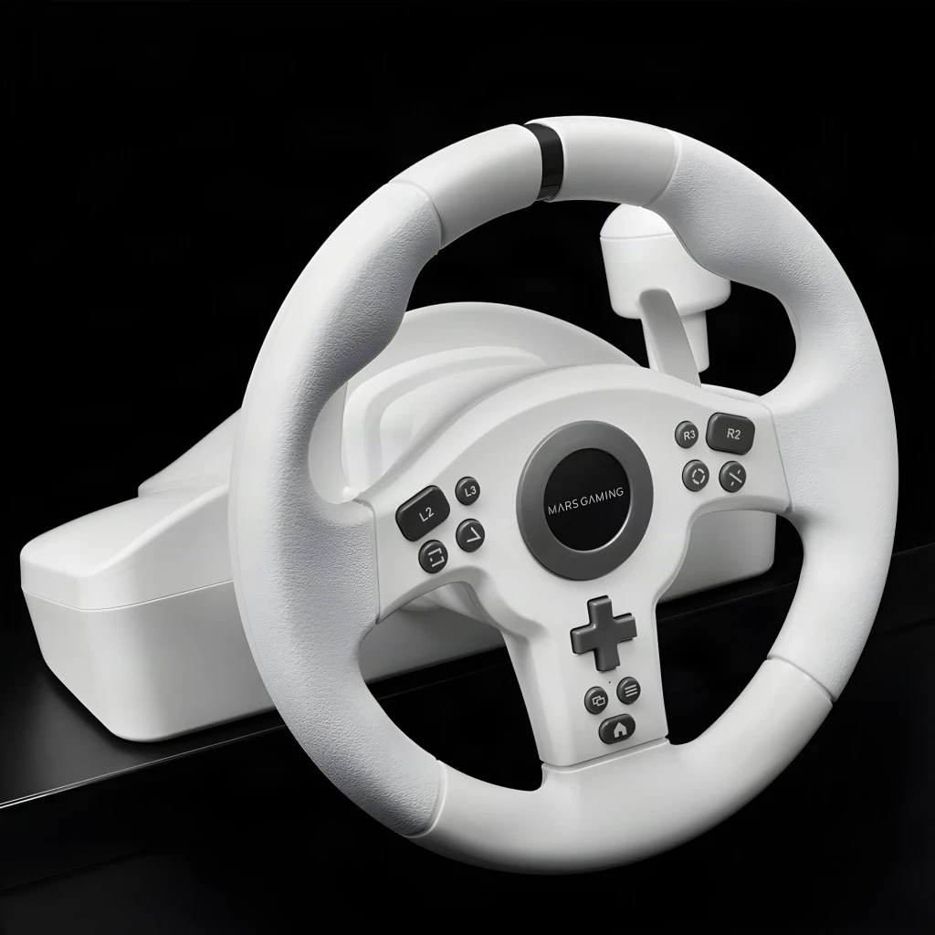 Mars Gaming MWH-RSXONE Preto, vista em ângulo: volante branco com botões, alavanca de mudanças e pedais pretos - Item5