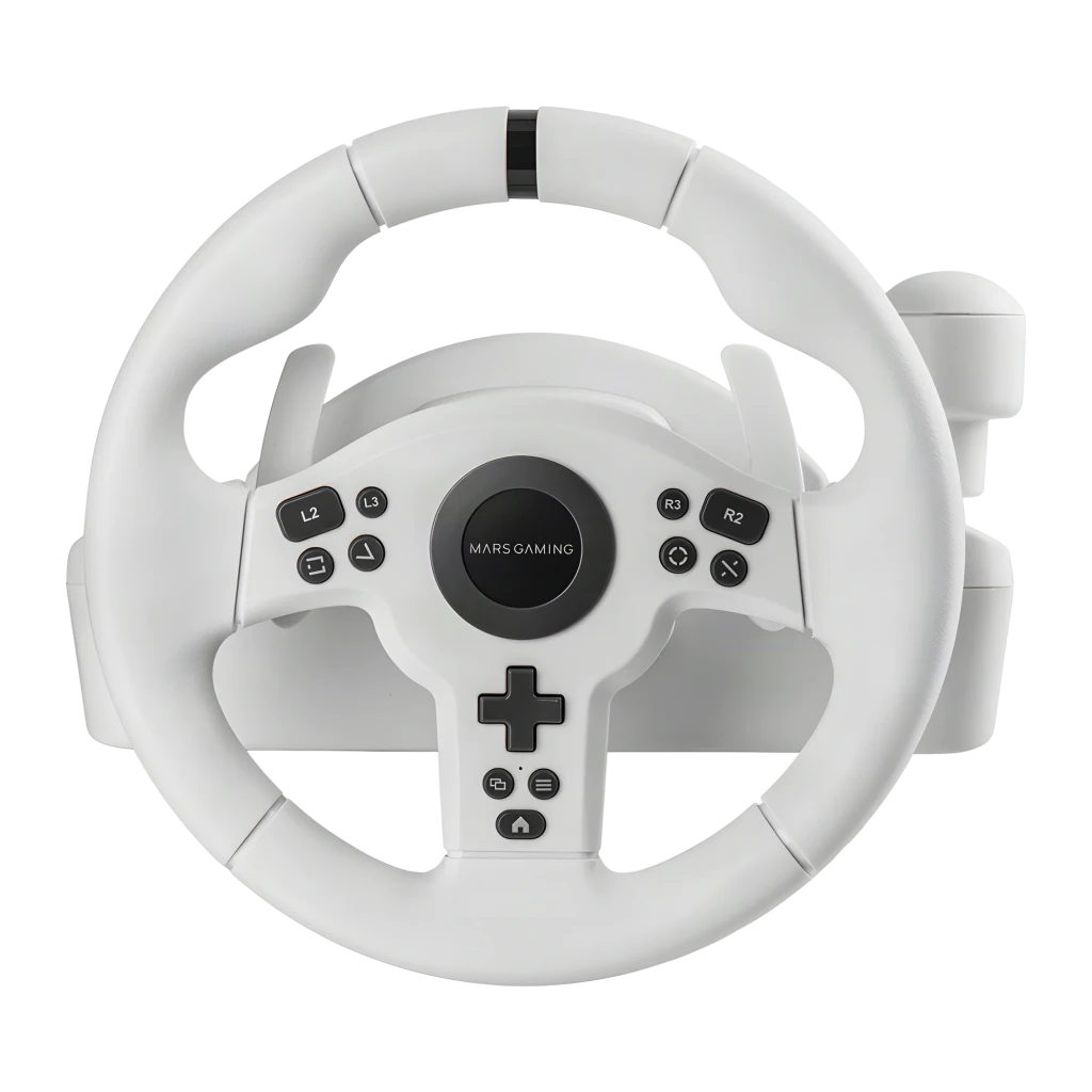 Mars Gaming MWH-RSXONE Preto, vista em ângulo: volante branco com botões, alavanca de mudanças e pedais pretos - Item1