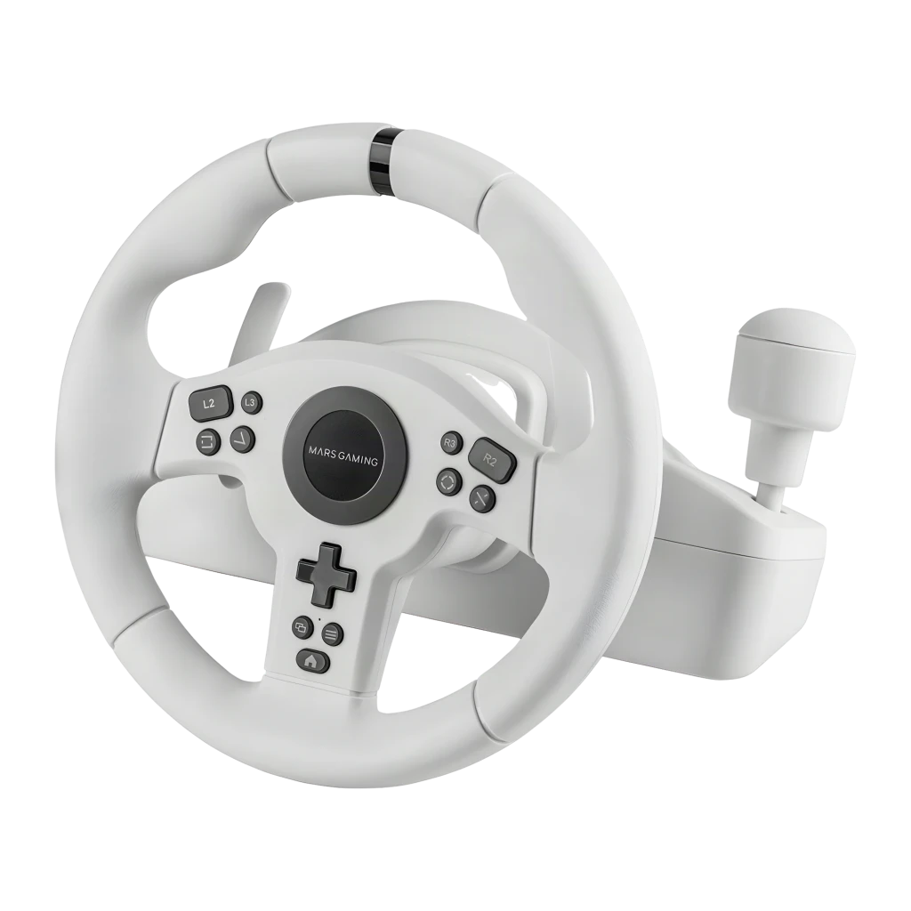 Mars Gaming MWH-RSXONE Preto, vista em ângulo: volante branco com botões, alavanca de mudanças e pedais pretos - Item2