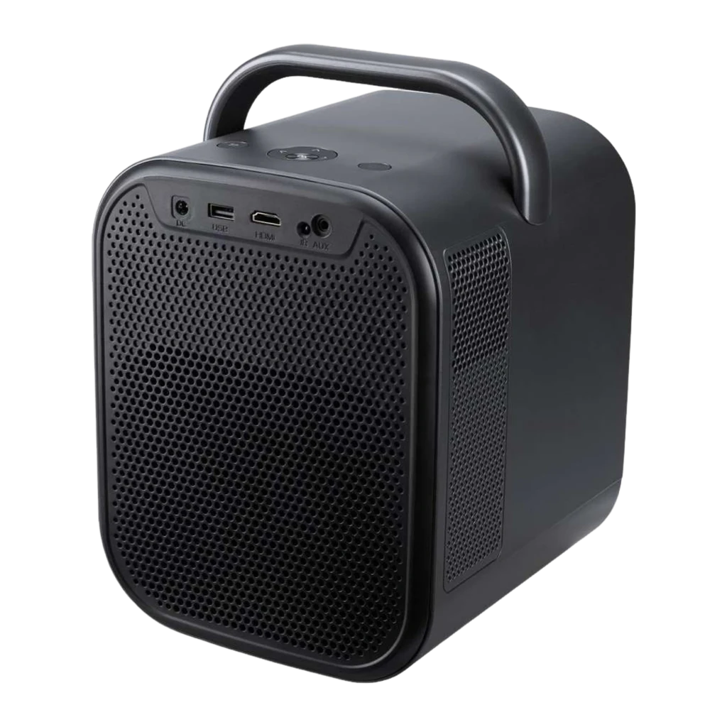 Acer AOpen QF16ATV Full HD 550lm preto, vista frontal-lateral esquerda: lente acesa com feixe de luz, alça e grelha - Item1