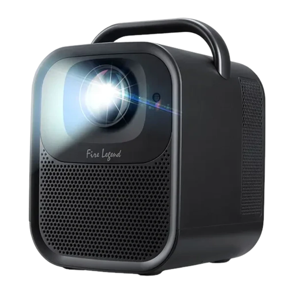 Acer AOpen QF16ATV Full HD 550lm preto, vista frontal-lateral esquerda: lente acesa com feixe de luz, alça e grelha - Item2