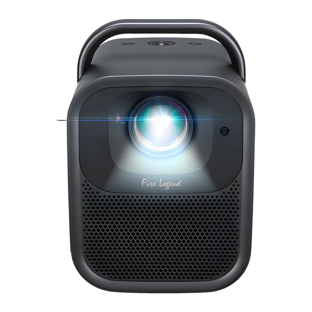Acer AOpen QF16ATV Full HD 550lm preto, vista frontal-lateral esquerda: lente acesa com feixe de luz, alça e grelha - Item4