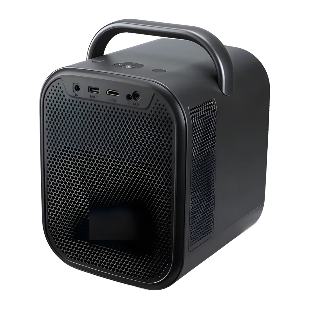 Acer AOpen QF16ATV Full HD 550lm preto, vista frontal-lateral esquerda: lente acesa com feixe de luz, alça e grelha - Item7